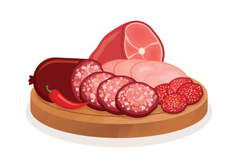Sliced salami on a wooden cutting board icon vector. Meat sausage slice icon isolated on a white background. Different types of salami drawing