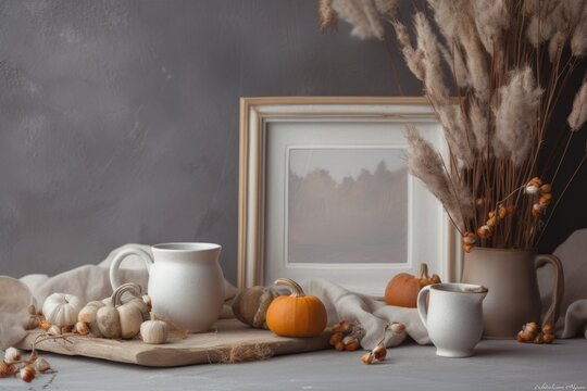 Autumnal still life of a brunch. coffee cup and dried grass in a pottery jug. Little white pumpkins on a gray table. Mockup of a blank wooden picture frame. Boho home with a Scandinavian interior. Dec