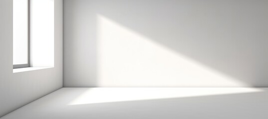 Empty white wall space interior background. Shiny window light and shadow. Generative AI technology.