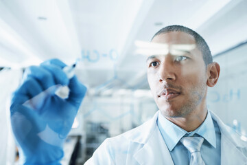 Solution, science and writing with man in laboratory for medical, research and planning. Analysis,...