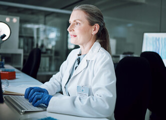 Woman, night and keyboard in science laboratory for medical research, deadline and pharmacy...