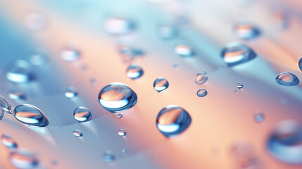 Gentle flow of water droplets on a surface creating subtle ripples and reflections, soft and pastel color palette, macro photography