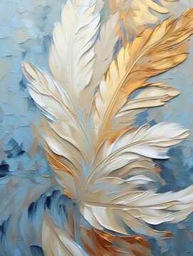 Canvas poster with grey-gold tropical leaves on blue background in wallpaper style by Generative AI