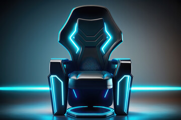 Futuristic Black Luxury Chair with Blue Light, Black and Blue Background Wall using Generative AI technology
