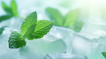 Mint ice cubes close-up on light green background