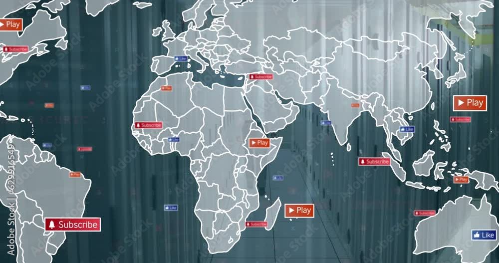 Poster animation of world map and data processing over computer servers