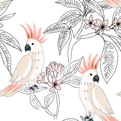 Cockatoo parrots, plumeria flowers, white background. Vector floral seamless pattern. Tropical illustration. Exotic plants, birds. Summer beach design. Paradise nature - 629916587