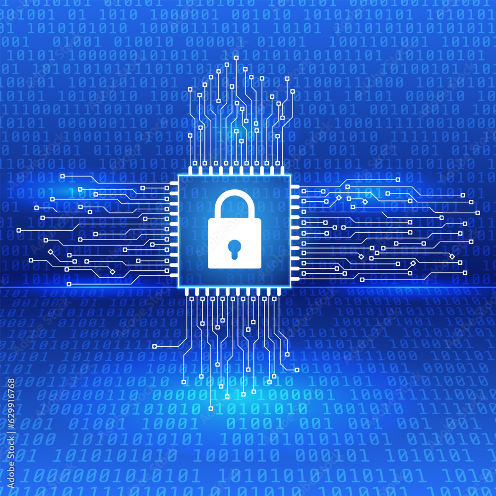 Poster Cyber security concept of CPU microprocessor with padlock for fraud prevention, protection privacy data technology vector background.