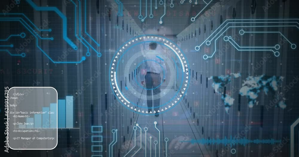 Poster animation of scope and data processing over male it technician and computer servers
