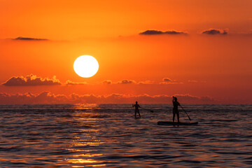 People surfing with a paddle in the sea