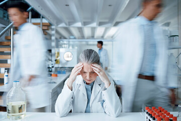 Headache, laboratory scientist or frustrated woman overwhelmed with busy lab, anxiety or depression...