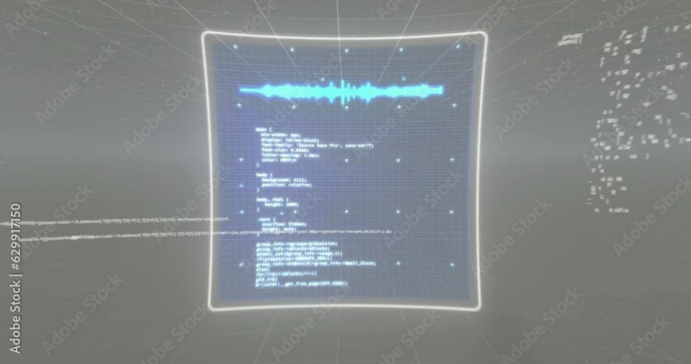 Poster animation of computer data processing over screen on dark background
