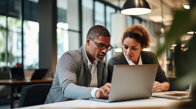 Portrait of Two Creative Colleagues Using Laptop to Discuss Work Project at Office. Technical Support Specialist Helping Female Customer Relationship Coordinator. Teamwork Concept. Generative AI.
