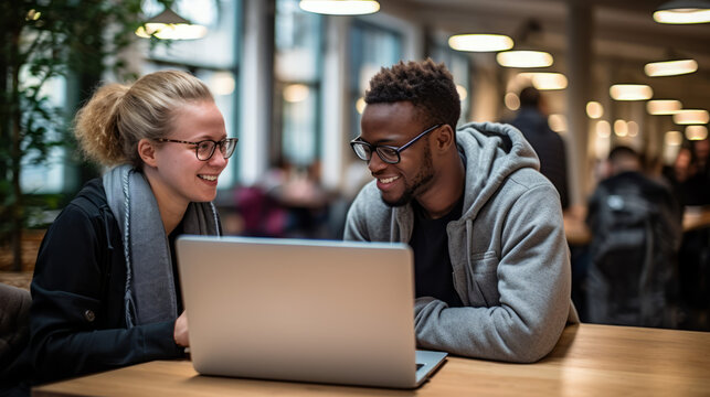 Portrait of Two Creative Colleagues Using Laptop to Discuss Work Project at Office. Technical Support Specialist Helping Female Customer Relationship Coordinator. Teamwork Concept. Generative AI.