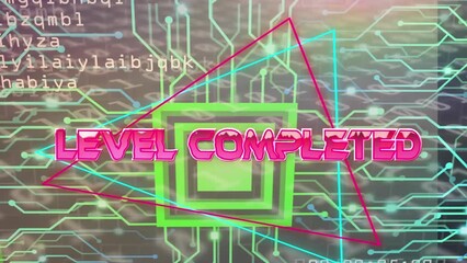Animation of level completed text over neon lines and computer circuit board - Powered by Adobe