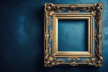 An antique art fair gallery frame on a royal blue wall at a museum or auction house. A blank template with white copyspace for a prototype design. Generative AI - obrazy, fototapety, plakaty