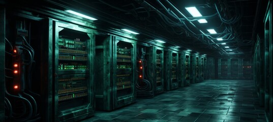 Old underground database server room melancholic background. Generative AI technology.