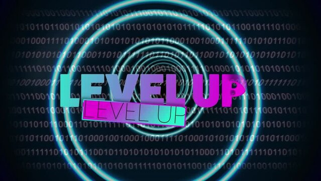 Animation of level up text over neon pattern and binary coding background
