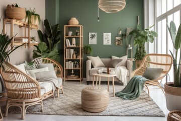 An elegant rattan armchair, pillows, plaid, beige macrame, wooden cubes, tropical plants, and chic accessories are featured in the living area of a contemporary home. interior design. Eucalyptus clad
