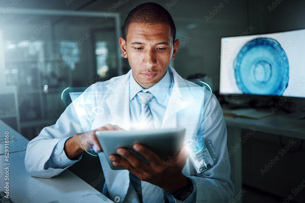 Poster tablet, hologram and scientist work with digital innovation, data and 3d overlay in laboratory. afri