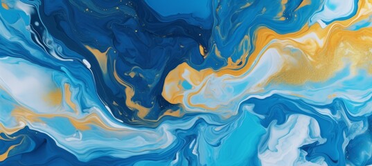 Abstract liquid marble stone texture background. Blue gold colors. Generative AI technology.	