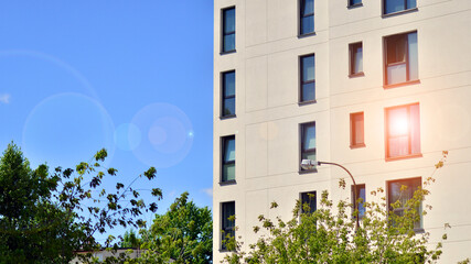 Eco architecture. Green tree and apartment building. The harmony of nature and modernity.