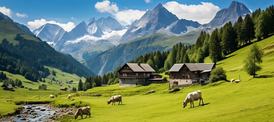 Cows eating grass at mountain valley landscape background. Grass hill beautiful scenery. Generative AI technology.	
 - obrazy, fototapety, plakaty