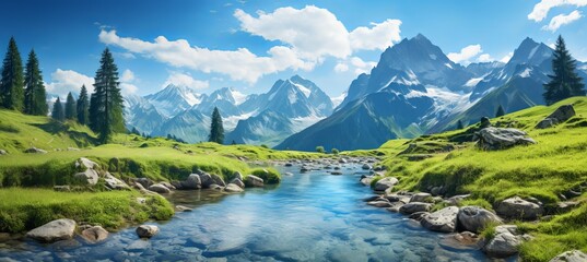 River snowy mountain valley landscape background. Generative AI technology.	
