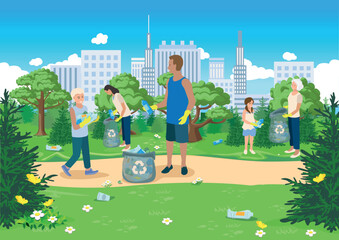 Men and women, elderly people and children of different nationalities clean up plastic garbage in a city park. Take care of the environment. Sorting, recycling and disposal of waste. Vector
