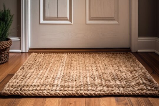a spotless doormat and a hardwood hallway floor. Generative AI