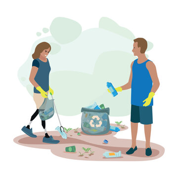 Volunteers a man and a disabled woman clean up plastic garbage in a city park. Take care of the environment. Sorting, recycling and disposal of waste. Vector illustration