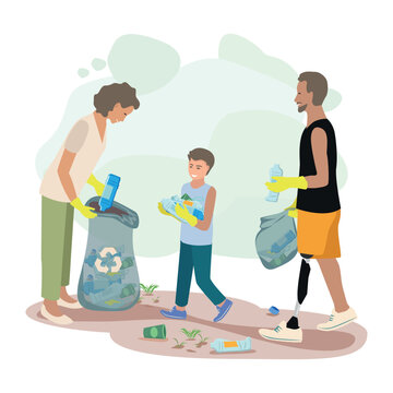 Volunteers a disabled man, a woman and a teenager clean up plastic garbage in a city park. Take care of the environment. Sorting, recycling and disposal of waste. Vector illustration