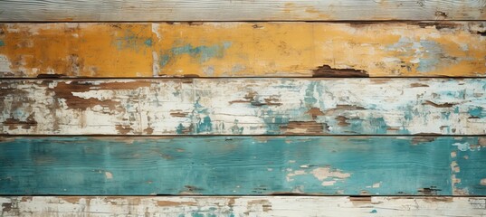 Aged wooden plank with peeling blue and yellow paint colors texture. Generative AI technology.