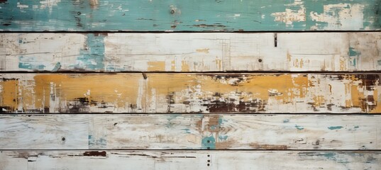 Retro wood plank with peeling blue and yellow paint colors texture. Generative AI technology.