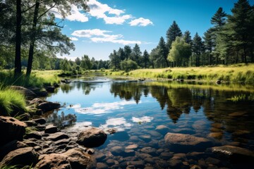Fototapeta na wymiar Serene Pond Reflecting a Clear Blue Sky, Generative AI