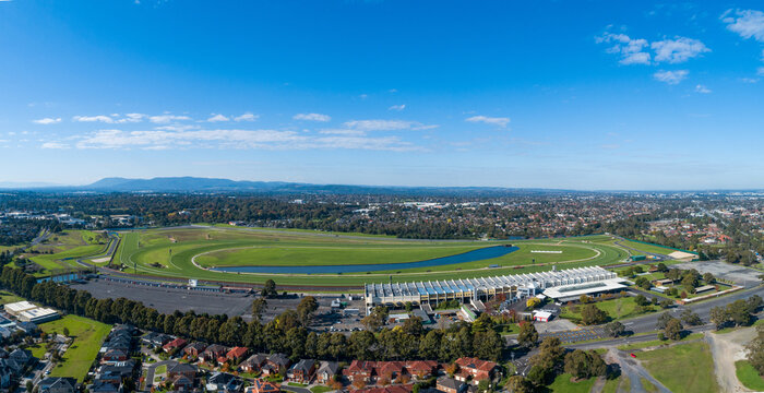 Panoramic view of race course track for car and horse racing