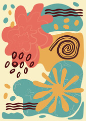 Colorful, bright retro silhouette. Abstract pattern with simple shapes with texture. trendy print with lines, dots in modern style. A4 size poster for print, background, banner, postcard. vector 