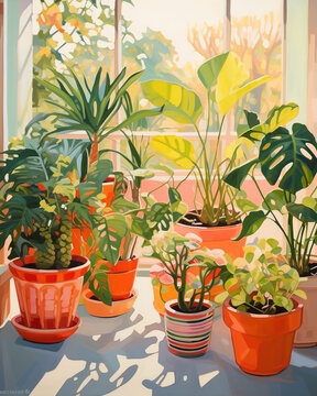 Painting of sunlit indoor plants, ai art