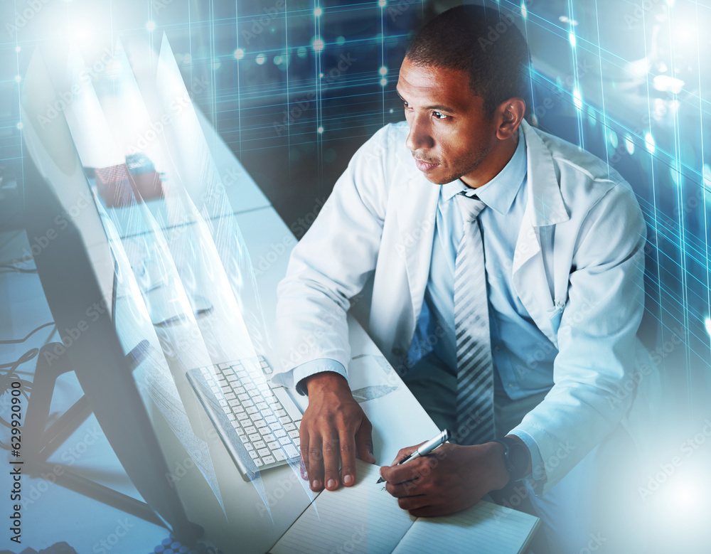 Aufkleber science, future technology and writing notes for research overlay at computer with hologram, informa