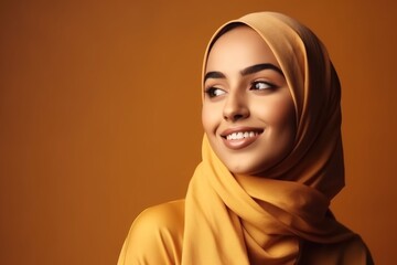 Smiling happy arab asian muslim woman in yellow hijab clothes isolated on yellow background studio portrait. Uae people middle east islam religious concept. generative AI