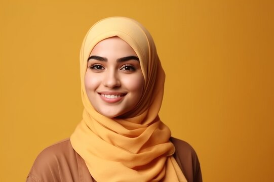 Smiling happy arab asian muslim woman in yellow hijab clothes isolated on yellow background studio portrait. Uae people middle east islam religious concept. generative AI