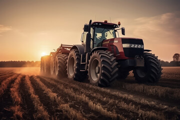 Tractors harvesting crops in a field. Generative AI.