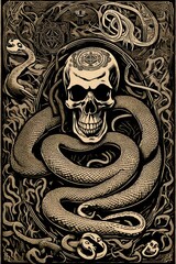 1920s Appalachian Creepy  Woodcut print of a snake wrapped around a skull. A Tarot card. 