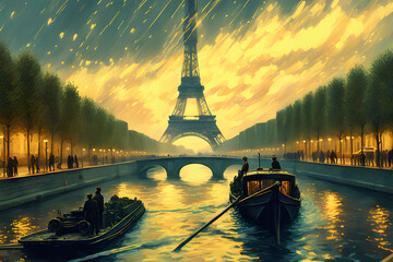 van gogh painting touch paris effel tower with seine river - obrazy, fototapety, plakaty