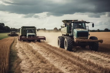 Tractors harvesting crops in a field. Generative AI.
