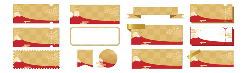 金と赤の富士山と和風な模様のクーポンベクターアイコンデザインセット（枠のみ）