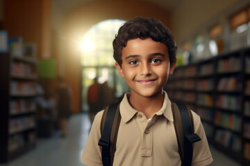 Smiling Hispanic boy in library, elementary schoolboy with backpack, standing confidently, looking at camera.