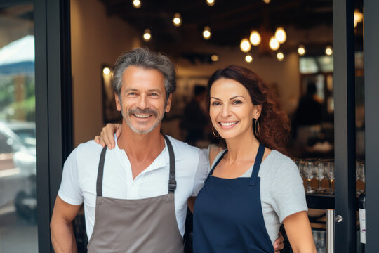 Cheerful small business owners, a mature man, and a mid woman standing at restaurant entrance, smiling at camera with open sign board.