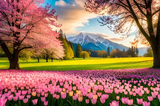 spring landscape with blooming trees