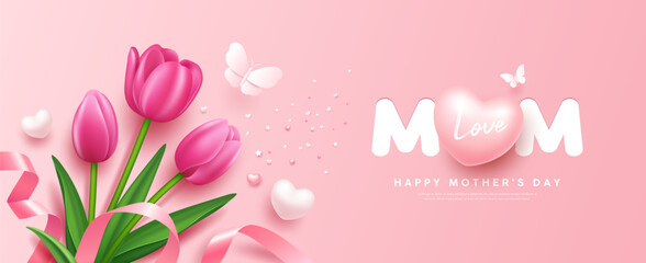 Mother's day Tulips flowers and heart, butterfly, pink ribbon, banner design on pink background, EPS10 Vector illustration. 